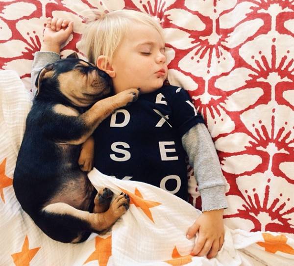 Μωρό κοιμάται μαζί με κουτάβι